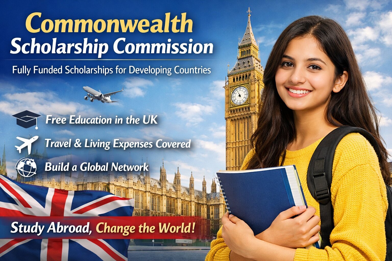 Young female student holding books in London background promoting Commonwealth Scholarship Commission fully funded UK scholarships