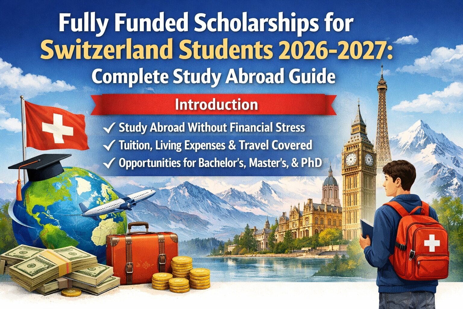 Fully funded scholarships for Switzerland students 2026-2027 study abroad guide with global education, travel, and university icons