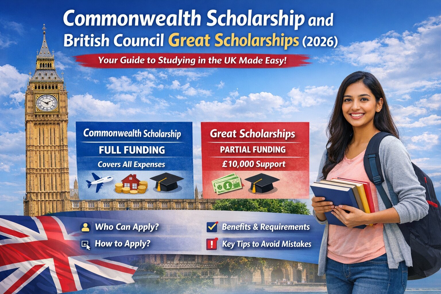 Commonwealth Scholarship and British Council Great Scholarships 2026 guide showing full and partial funding options for studying in the UK