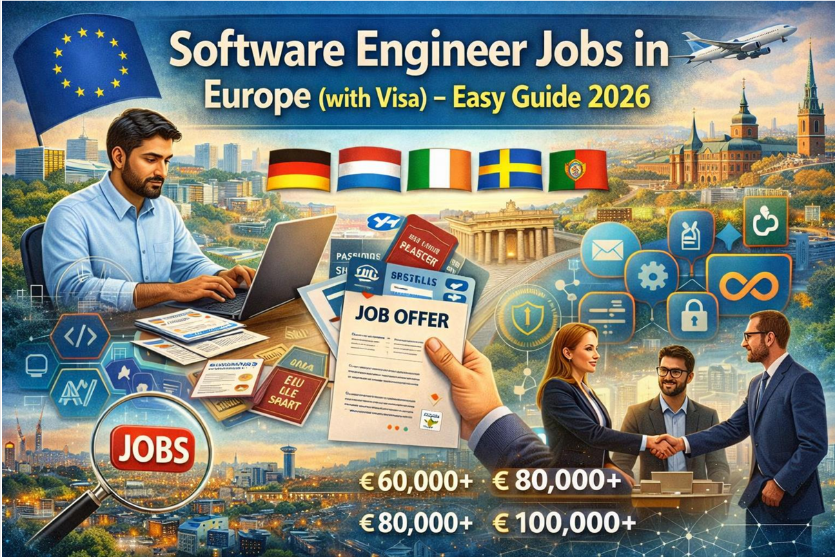 Software Engineer Jobs in Europe with visa sponsorship 2026 feature image showing job opportunities, tech work, and European countries