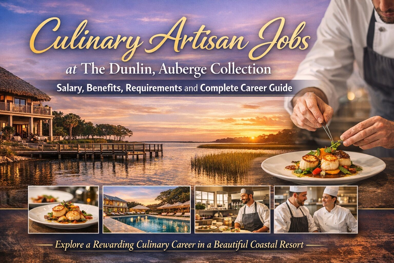 Culinary Artisan chef plating gourmet food at The Dunlin coastal resort with sunset view highlighting hospitality career opportunity