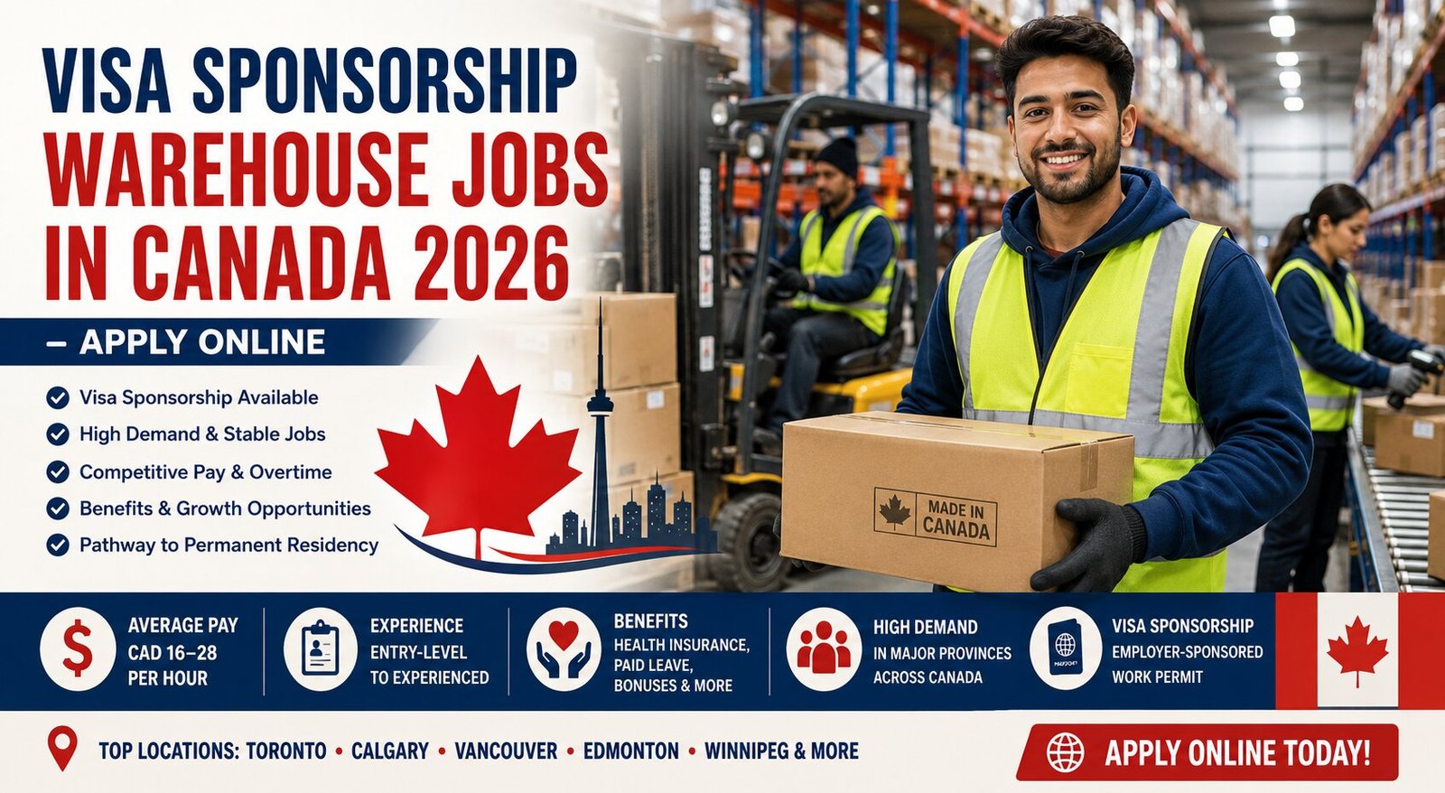Visa Sponsorship Warehouse Jobs in Canada 2026 promotional banner showing warehouse workers, forklift operations, and logistics environment with information about salaries, visa sponsorship, benefits, and online application opportunities in Canada.